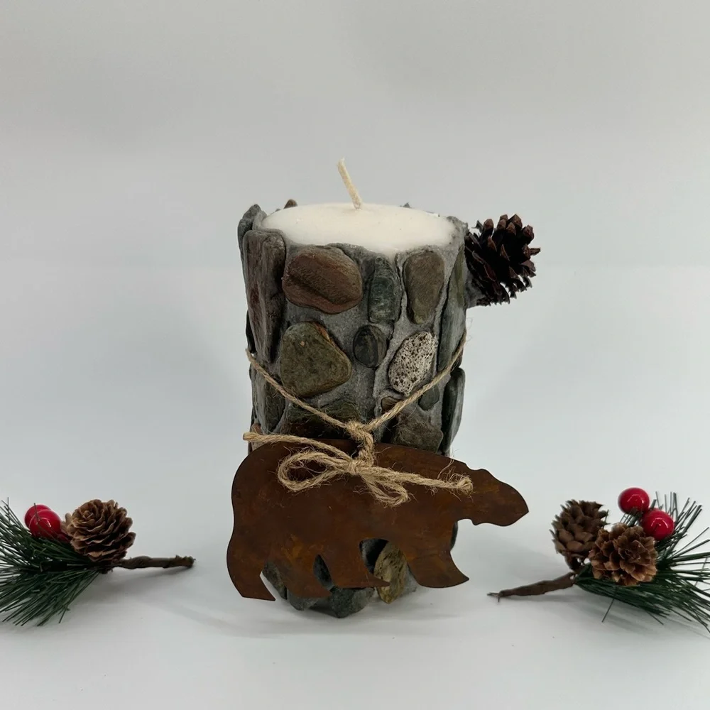 Rustic Stone and Bear Candle ~ perfect woodsy decor!